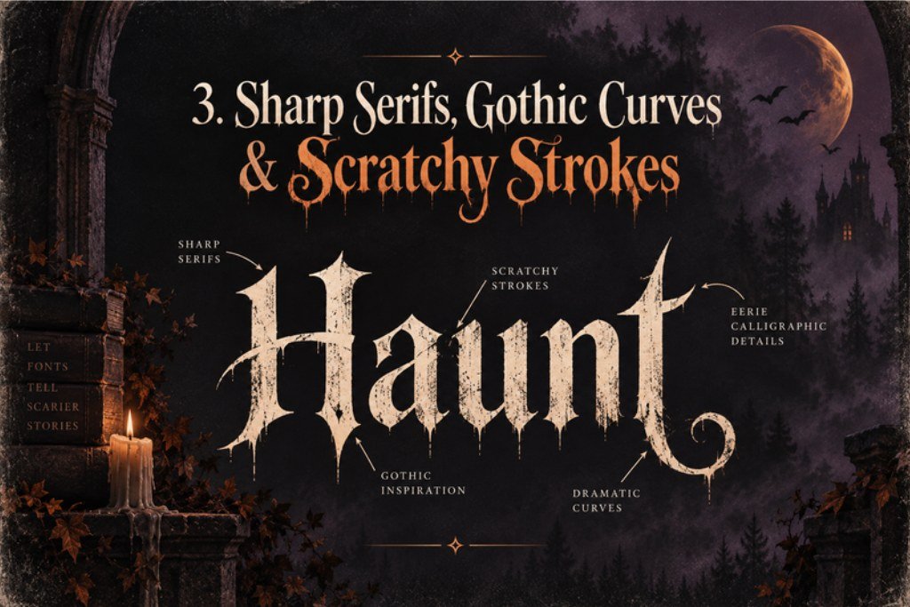 Sharp serif and gothic curve typography used to create an elegant spooky Halloween mood
