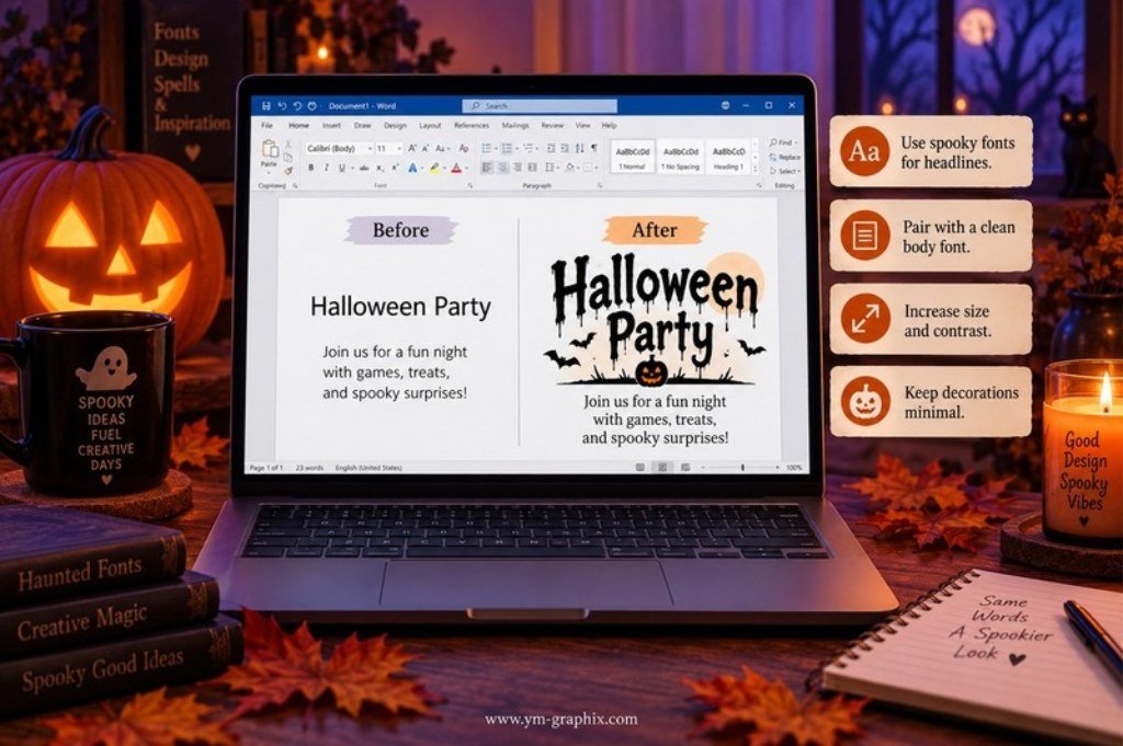 Before and after Microsoft Word Halloween typography showing how a spooky font improves a Halloween party heading