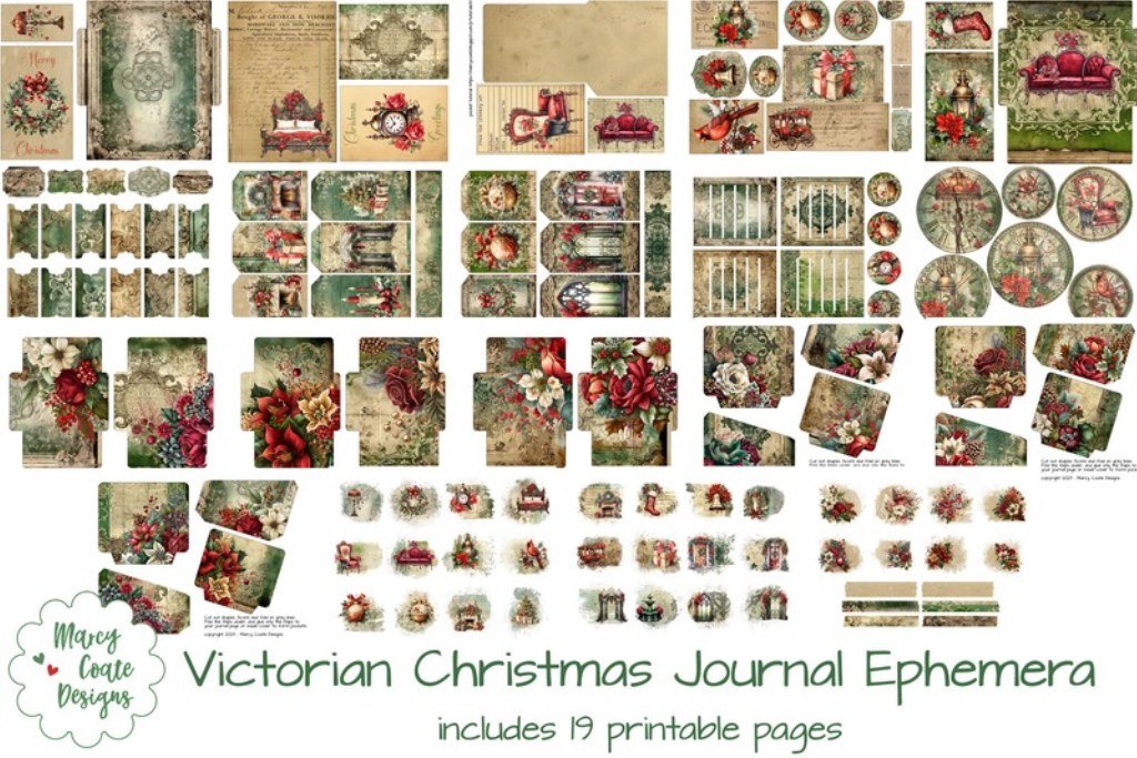 Victorian Christmas journal and ephemera with antique holiday postcard elements
