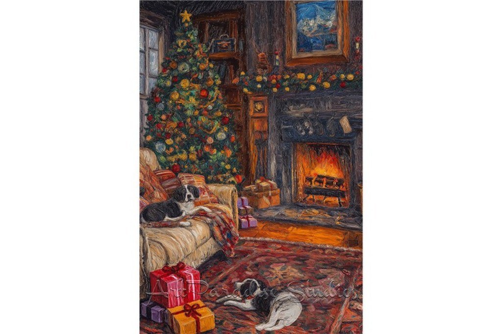 Vintage Christmas Living Room Poster Vintage Christmas living room poster with fireplace tree gifts and puppies