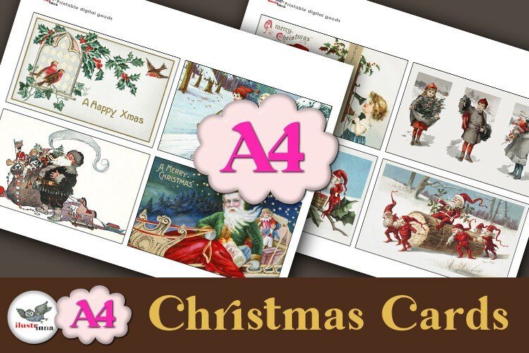 Vintage Christmas postcard set with printable antique holiday postcard designs on A4 sheets