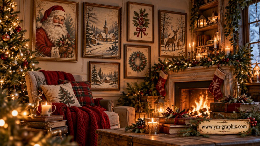 Cozy vintage Christmas living room with framed holiday wall art and fireplace
