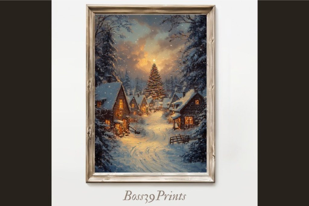 Vintage Christmas Village Wall Art Vintage Christmas village snowy twilight wall art printable