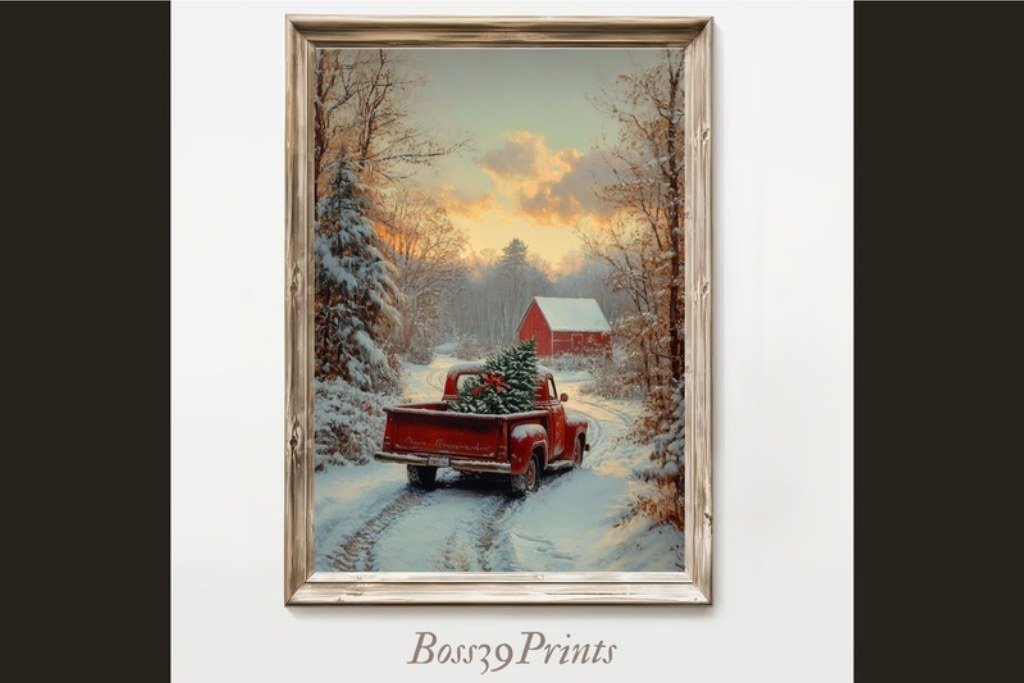 Vintage Red Truck Christmas Painting Vintage red truck with Christmas tree snowy farmhouse painting printable