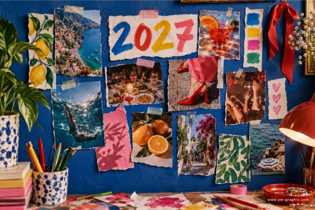 Colorful Dopamine Vision Board 2027 Colorful 2027 vision board collage on a cobalt wall with travel, fashion, dinner and joyful lifestyle photos