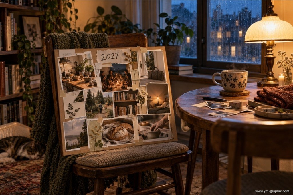 Cozy Everyday Life Vision Board 2027 Cozy 2027 vision board on a wooden chair beside books, tea and a glowing lamp on a rainy evening