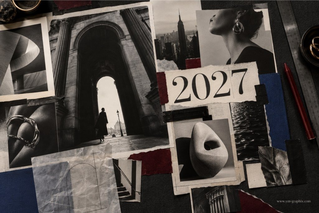 Editorial Magazine Vision Board Collage Editorial 2027 vision board collage with black-and-white architecture, fashion details and torn serif typography