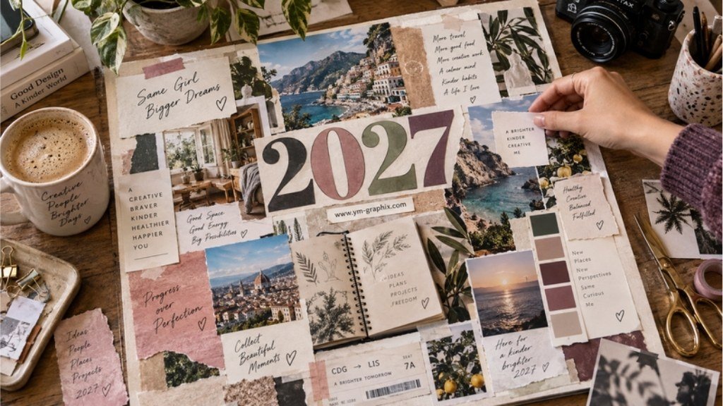 A 2027 aesthetic vision board collage with travel photos, handwritten notes, paper textures and creative supplies