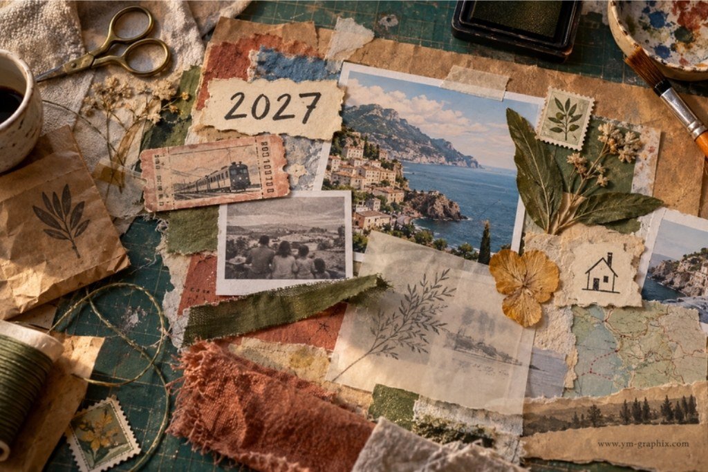 Mixed-Media Memory Vision Board 2027 Mixed-media 2027 vision board with an old train ticket, travel photos, fabric, tracing paper and pressed leaves