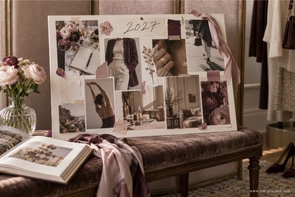 Soft Feminine Growth Vision Board 2027 Soft feminine 2027 vision board with flowers, tailored fashion, movement, jewelry and calm self-care imagery