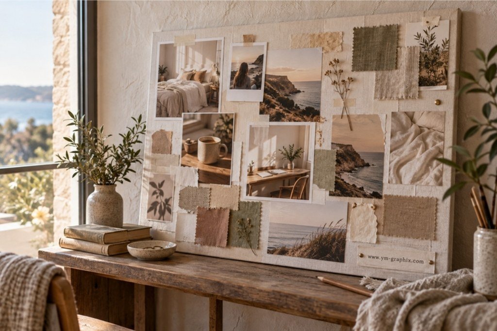 Warm Neutral Vision Board Aesthetic Warm neutral vision board with cozy interiors, coastal photos, linen swatches and soft morning light