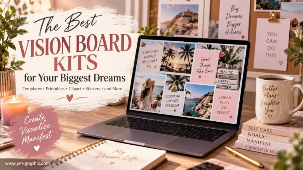Cozy vision board workspace with printable goal cards, laptop collage and vision board kit ideas