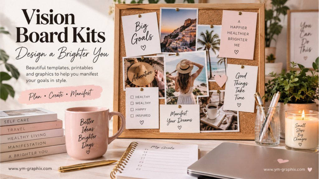 Vision Board Kit Inspiration Workspace Aesthetic vision board kit workspace with cork board, planner, goal cards and creative supplies