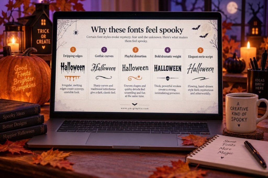 Visual guide showing typography features that make fonts feel spooky including dripping edges gothic curves distortion bold weight and eerie script