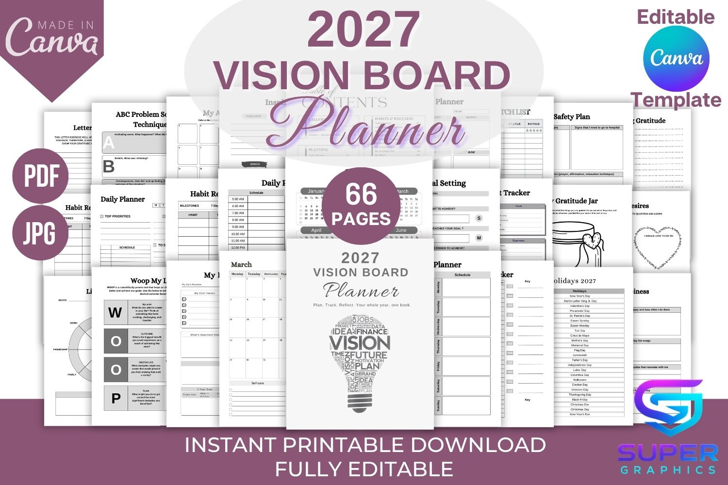 2027 vision board planner Canva template preview by SUPER GRAPHICS
