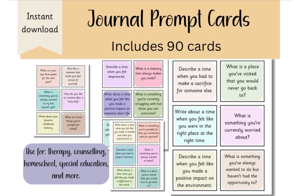 90 Journal Prompt Cards — Flashcards Set 90 Journal Prompt Cards — Flashcards Set by Niki Lyn Digital Design — digital preview for a vision board party