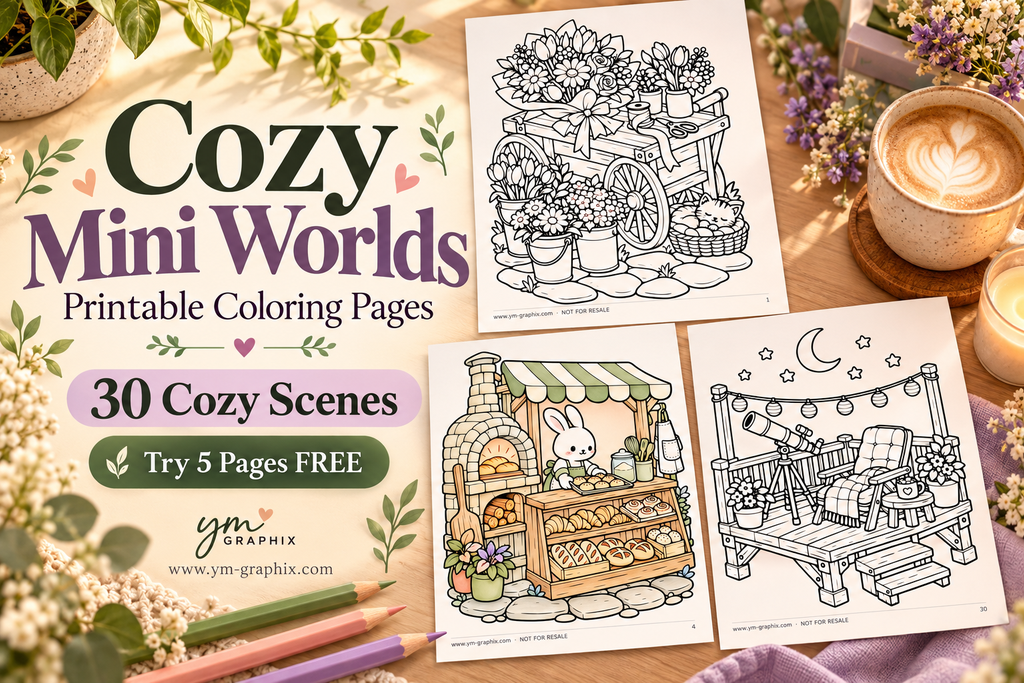 Cozy Mini Worlds coloring pages for adults featuring a flower cart, bunny bakery and rooftop stargazing scene