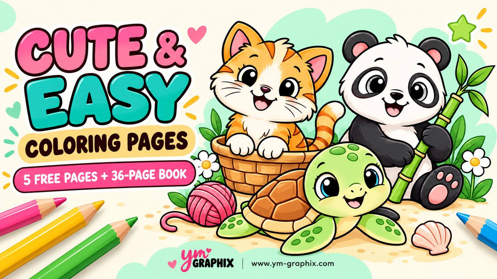 Cute easy coloring pages with a kitten, panda and sea turtle, five free printables and a 36-page animal coloring book