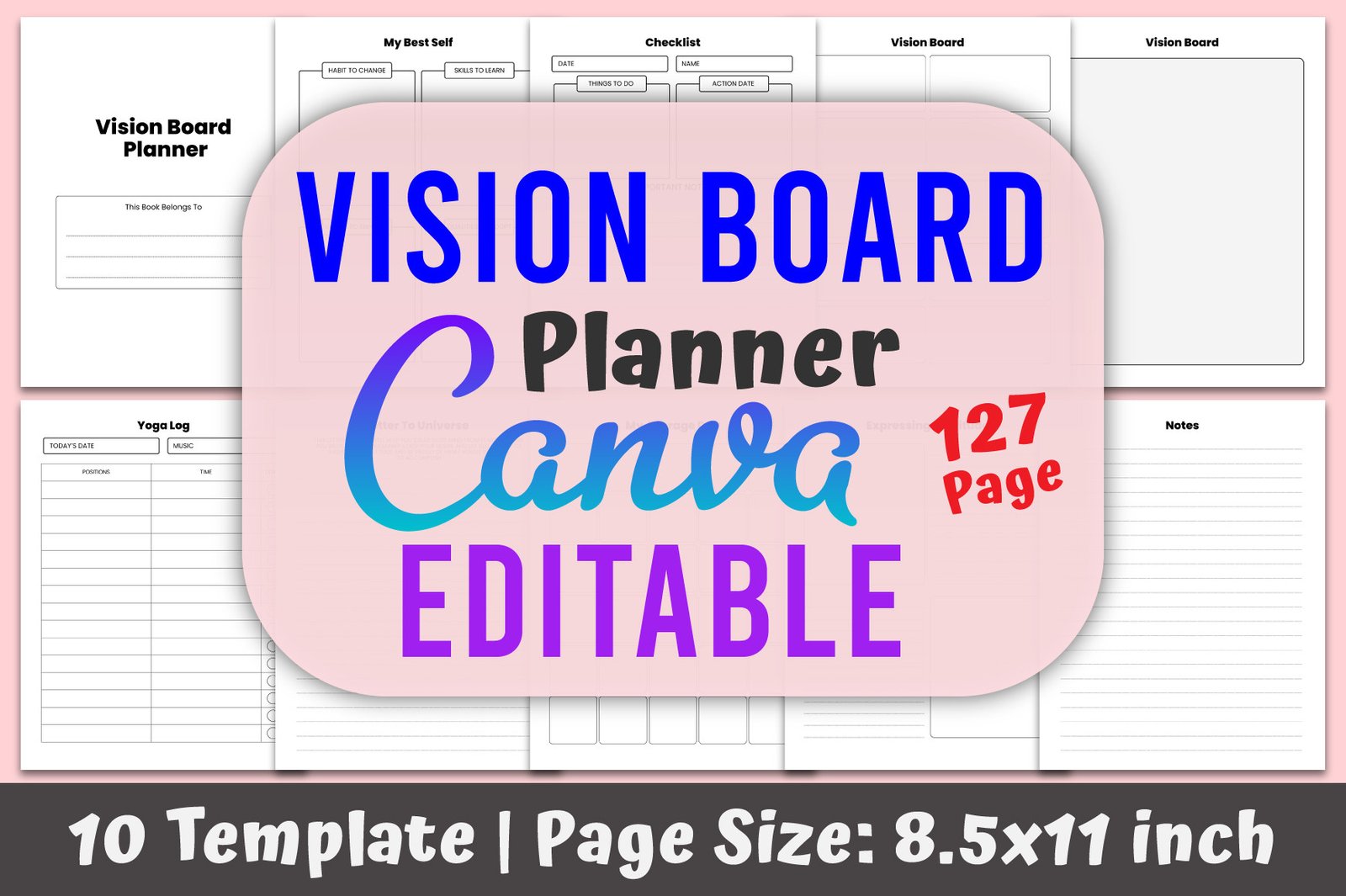 Editable vision board planner workbook Canva template preview by designmela01