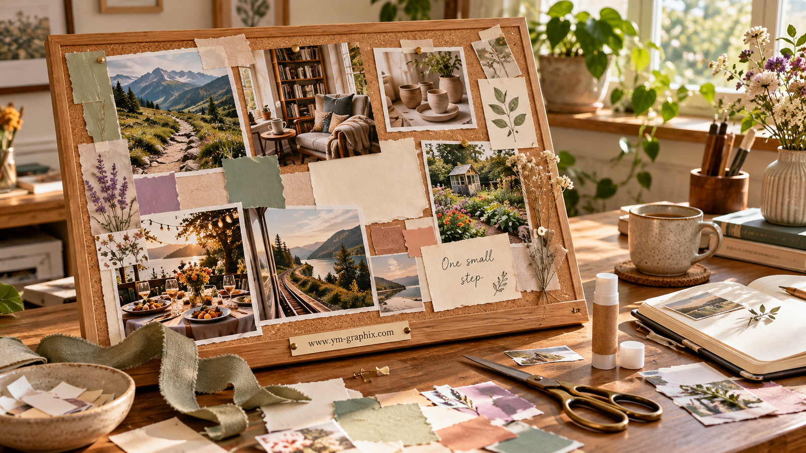 A handmade vision board with personal goal pictures, paper cutouts and craft supplies on a sunlit desk.