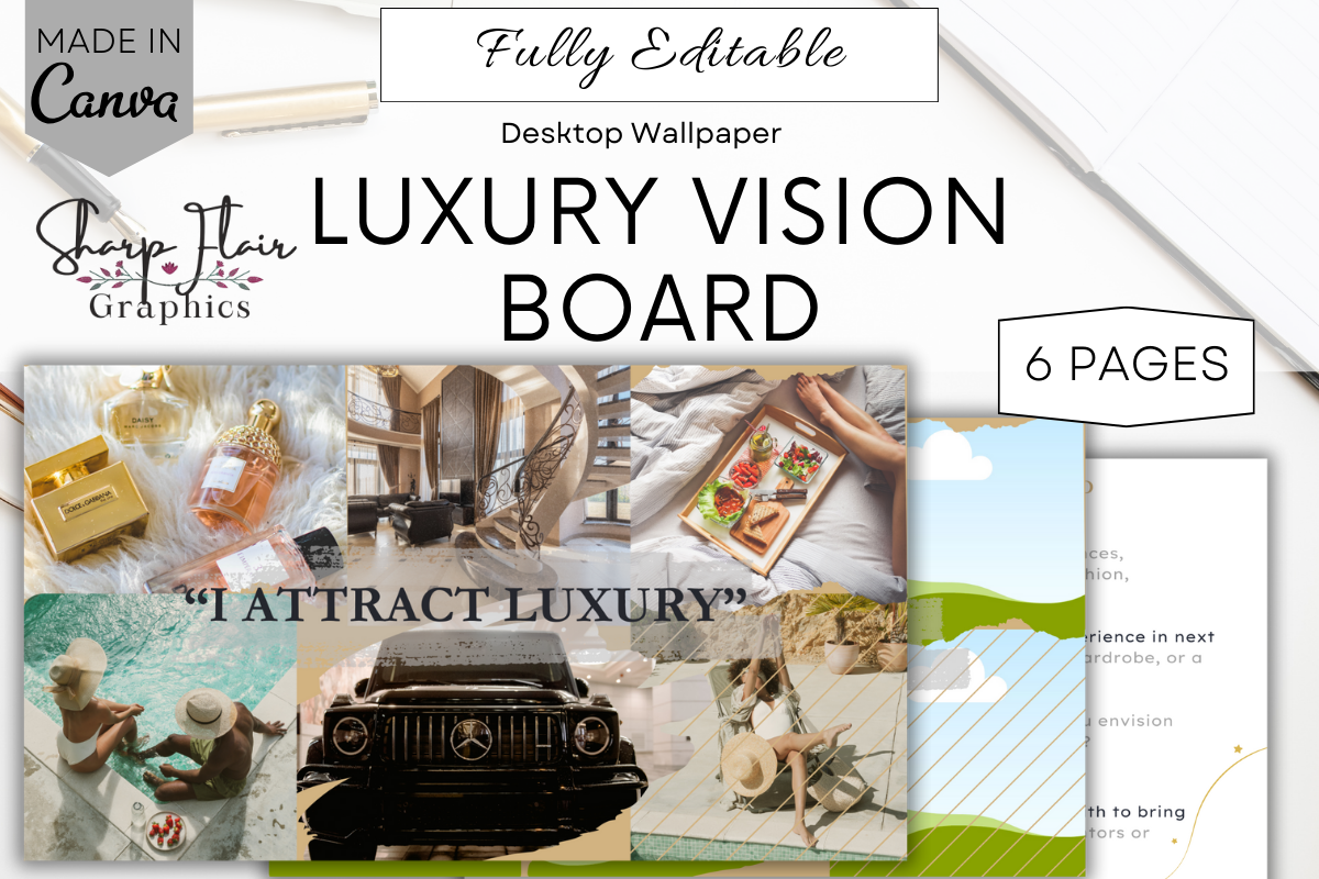 Luxury desktop vision board Canva template with six editable pages