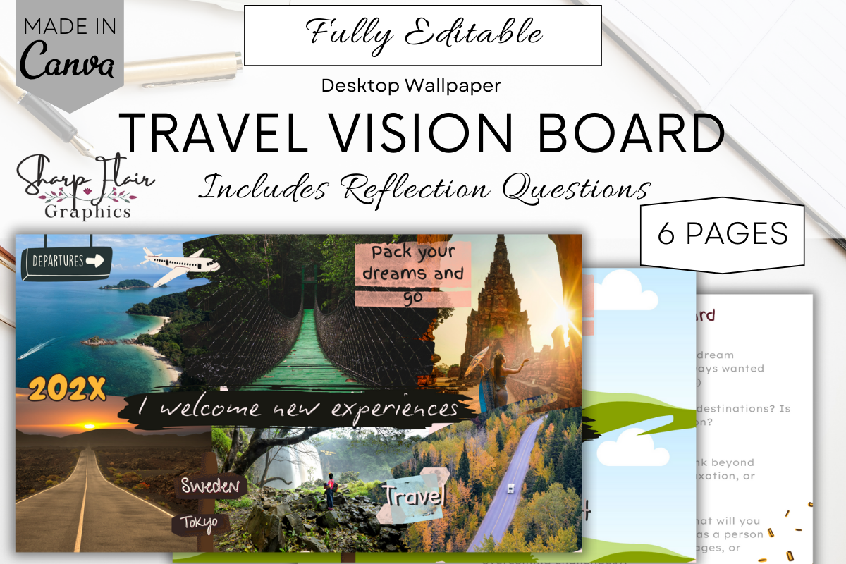Minimalist travel vision board Canva template with collage and reflection pages