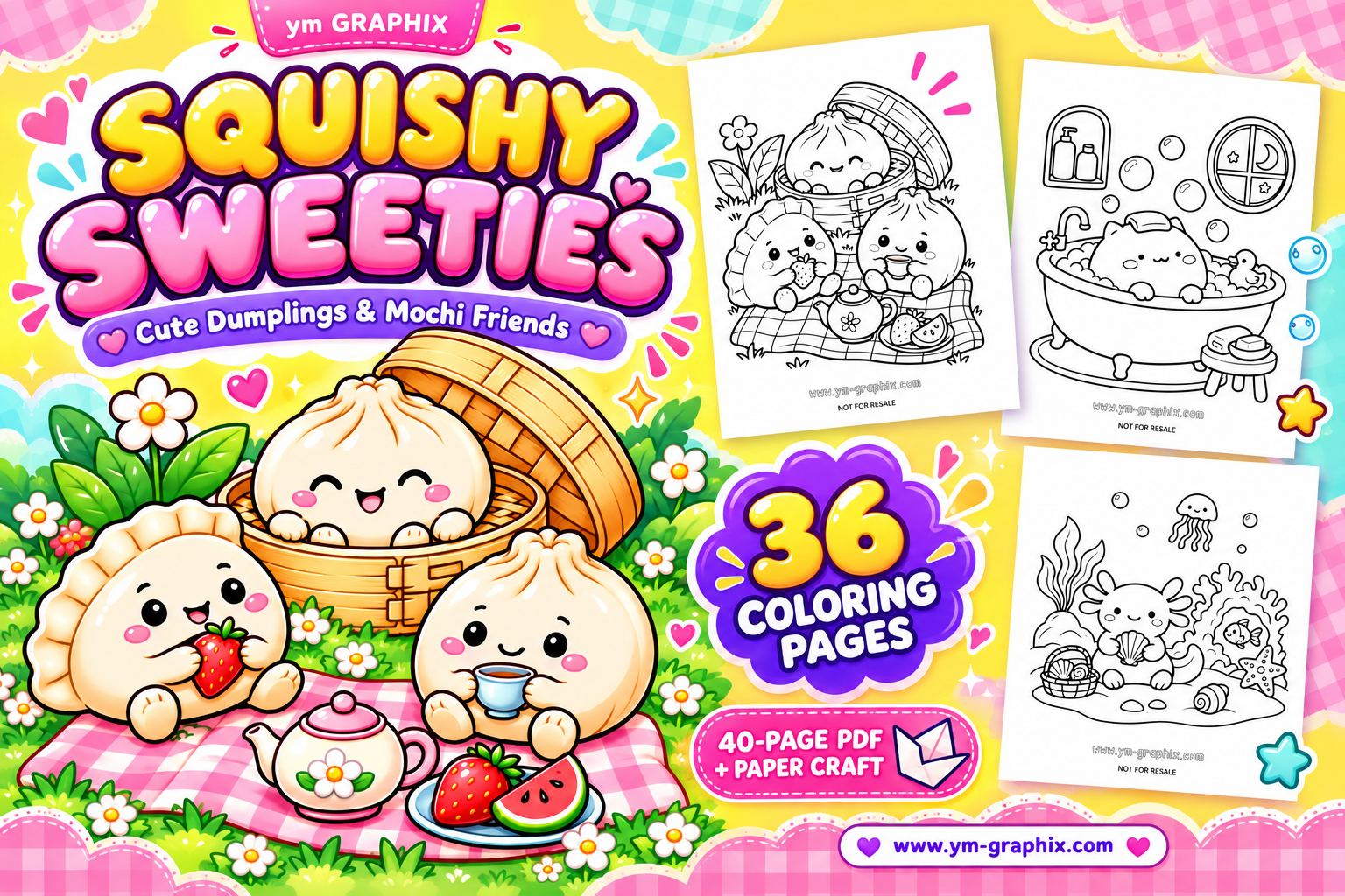 Squishy Sweeties coloring collection with cute dumplings, mochi friends and coloring page previews