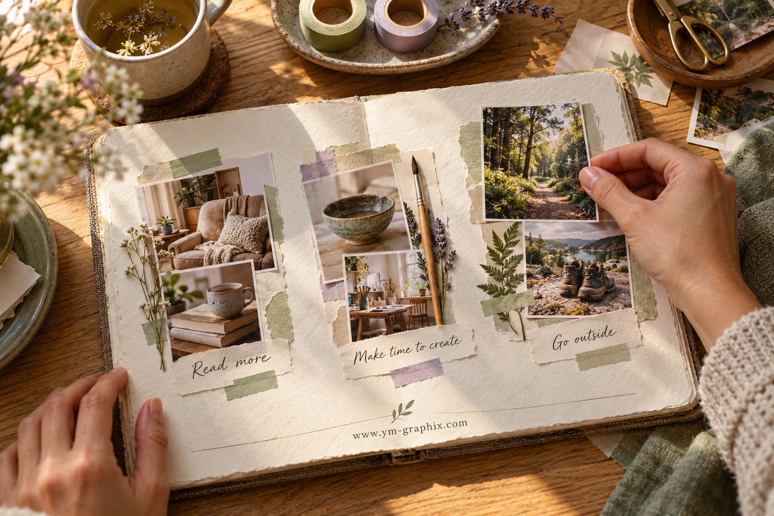 An open journal with photo clusters for reading, creativity and time outdoors, paired with handwritten goal captions.