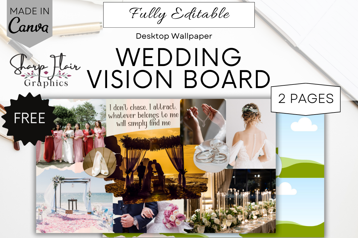 Wedding desktop vision board Canva template with two editable pages