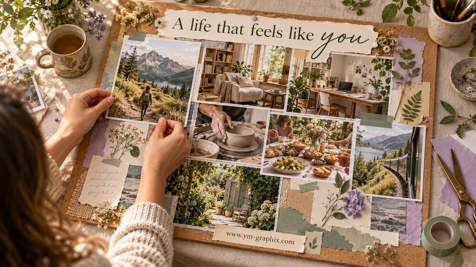 A handmade vision board with pictures of travel, a cozy home, creative work and time with friends.