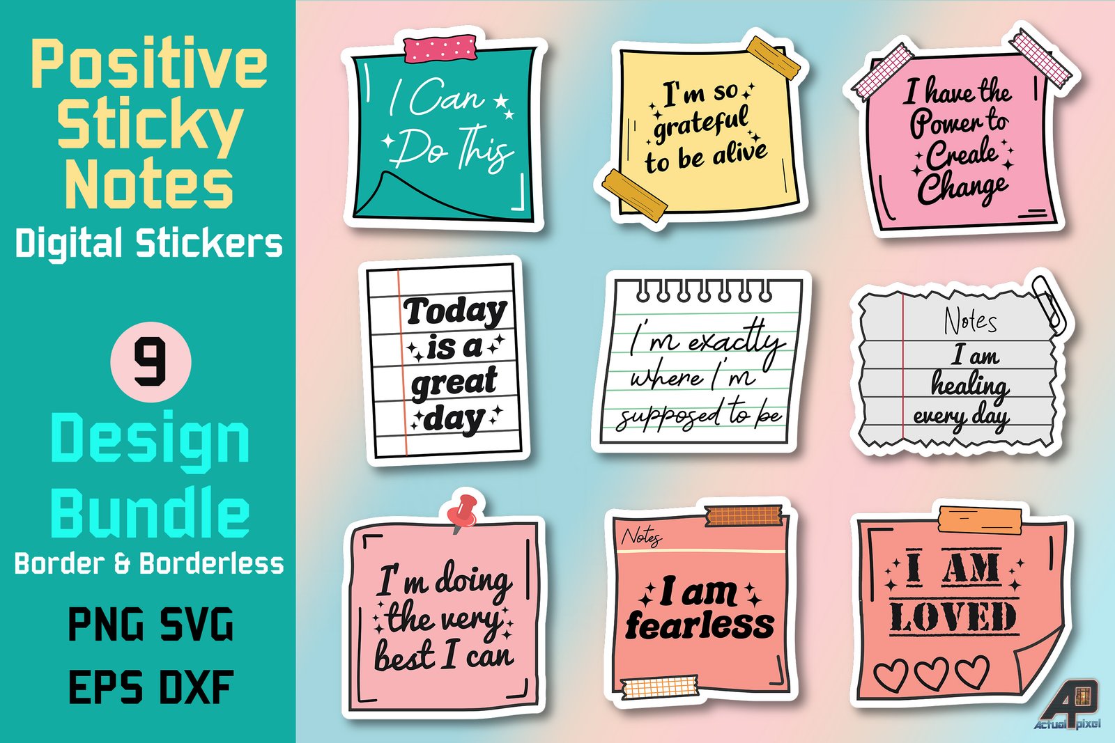 Affirmations Sticky Notes PNG SVG Bundle by Actual Pixel — product preview for vision board stickers and printable elements