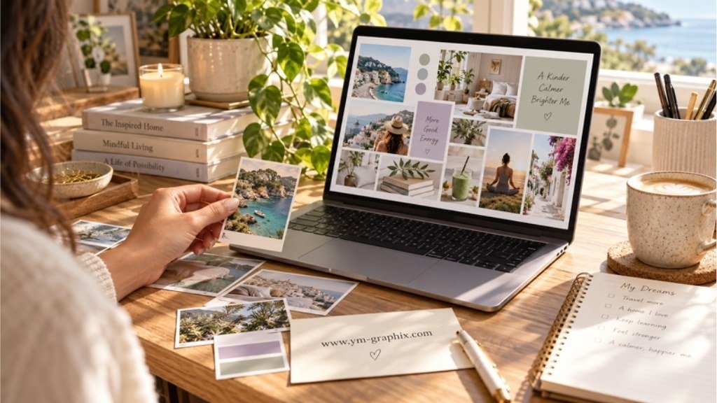 A sunlit creative workspace with an editable vision board collage on a laptop and personal photo cards