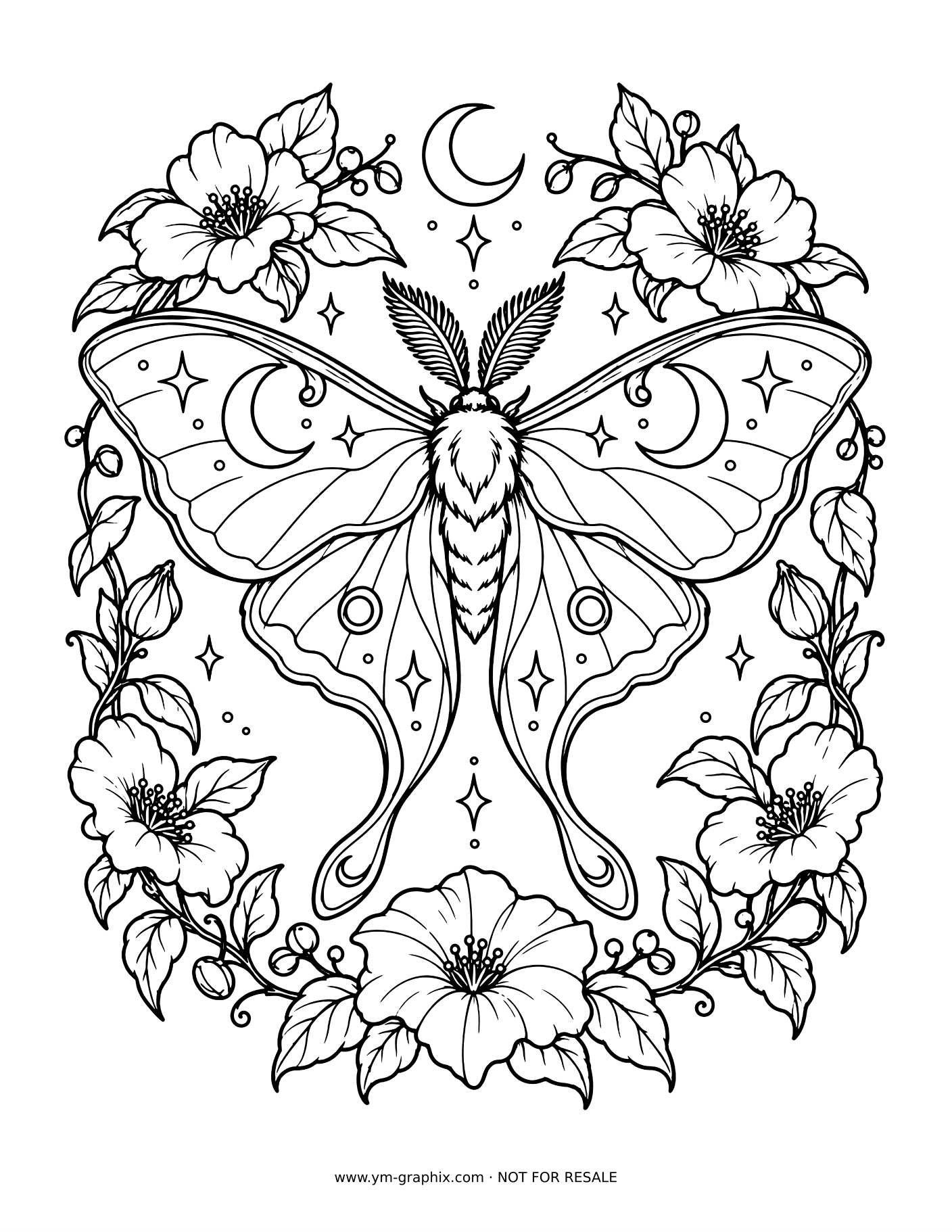 Celestial luna moth coloring page framed by flowers and a crescent moon