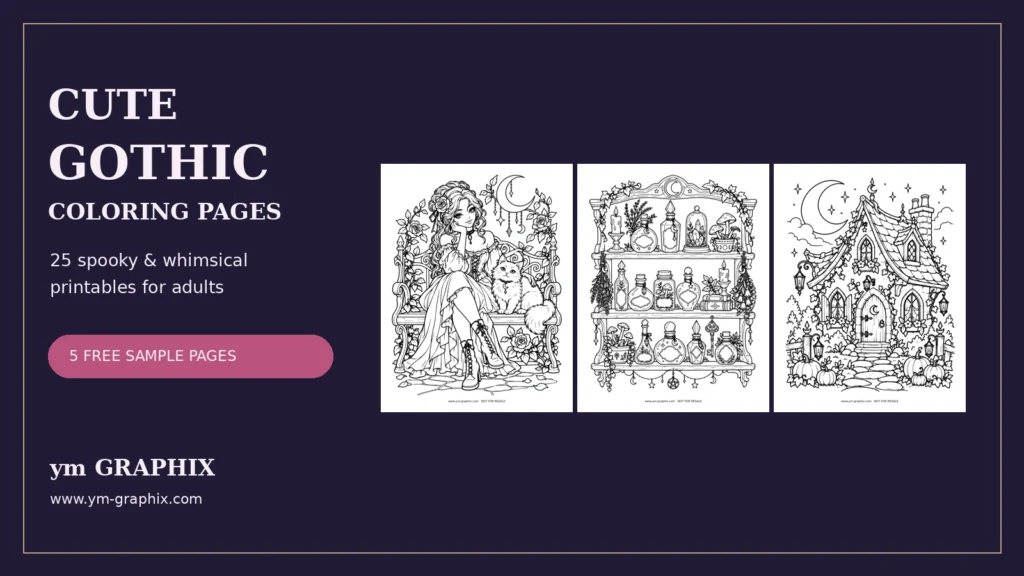 Cute gothic coloring pages for adults with three real ym GRAPHIX illustrations and a five-page free sample