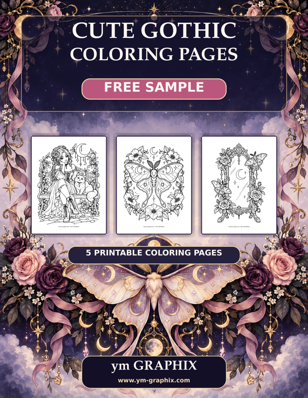 ym GRAPHIX Cute Gothic Coloring Pages free sample cover with roses, a moth and real page previews