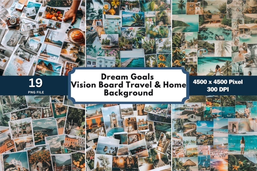 Dream Goals Vision Board Travel & Home Dream Goals Vision Board Travel & Home by Aamo — digital preview for a vision board party
