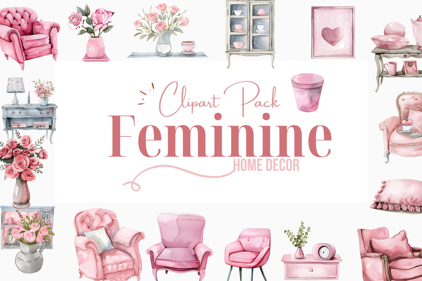 Feminine Home Decor Clipart Pack by zerakika.design — product preview for vision board stickers and printable elements