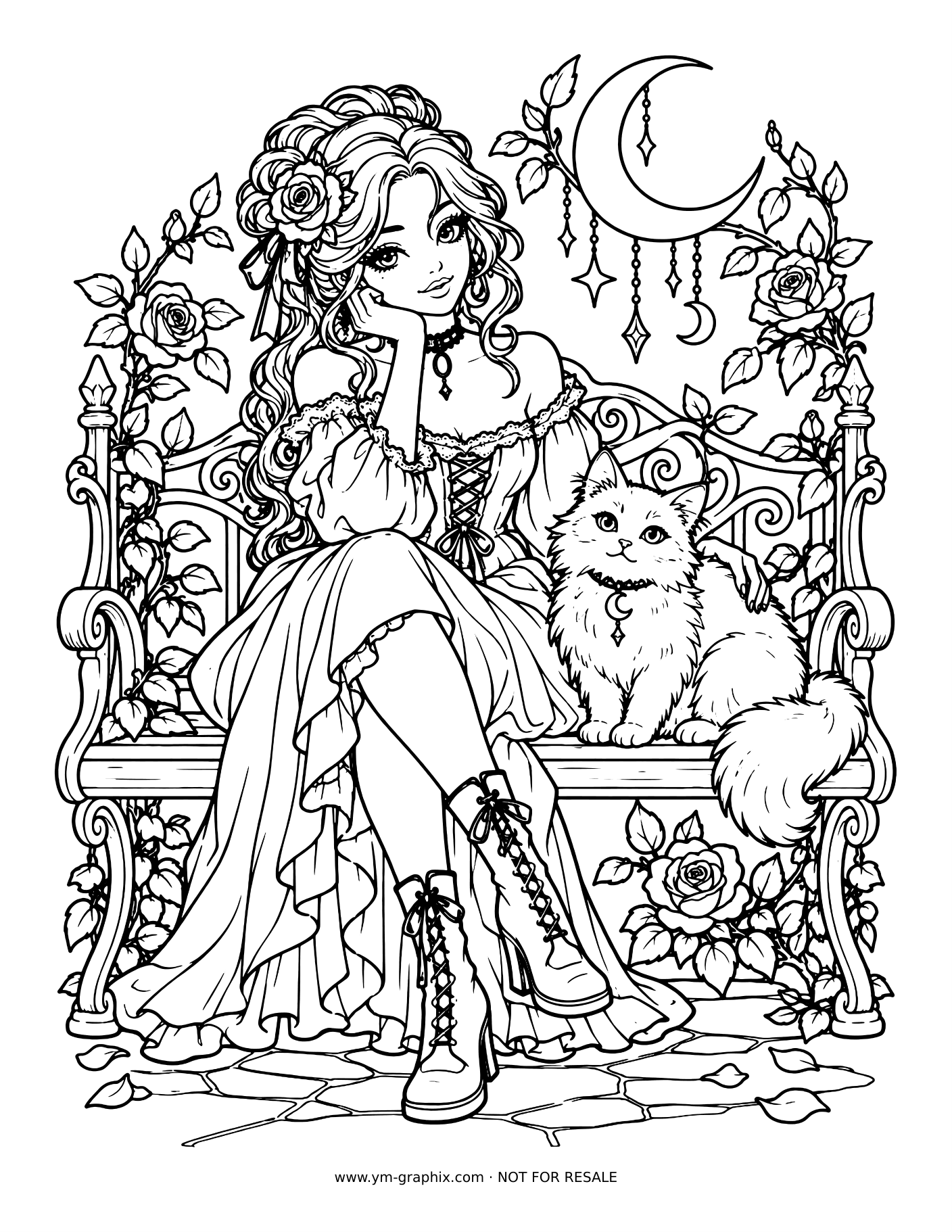 Gothic girl sitting with a cat beneath a crescent moon, surrounded by roses