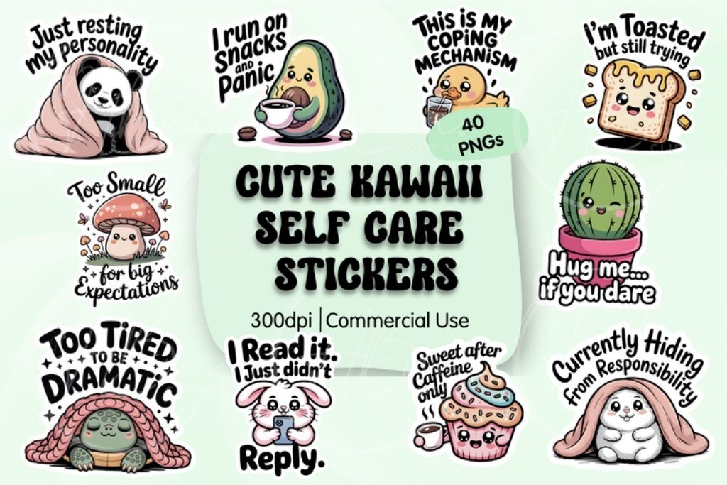 Kawaii Self Care PNG Digital Stickers by HBM Clipart — product preview for vision board stickers and printable elements