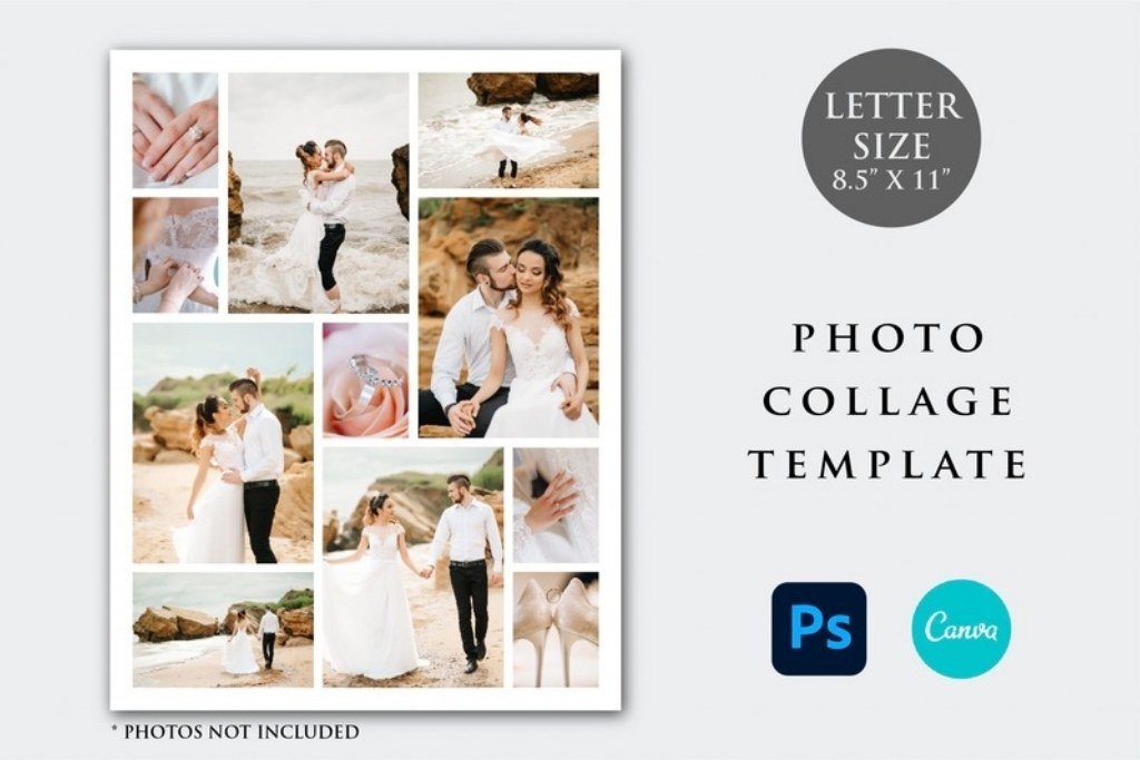 Letter size photo collage template preview with example photos