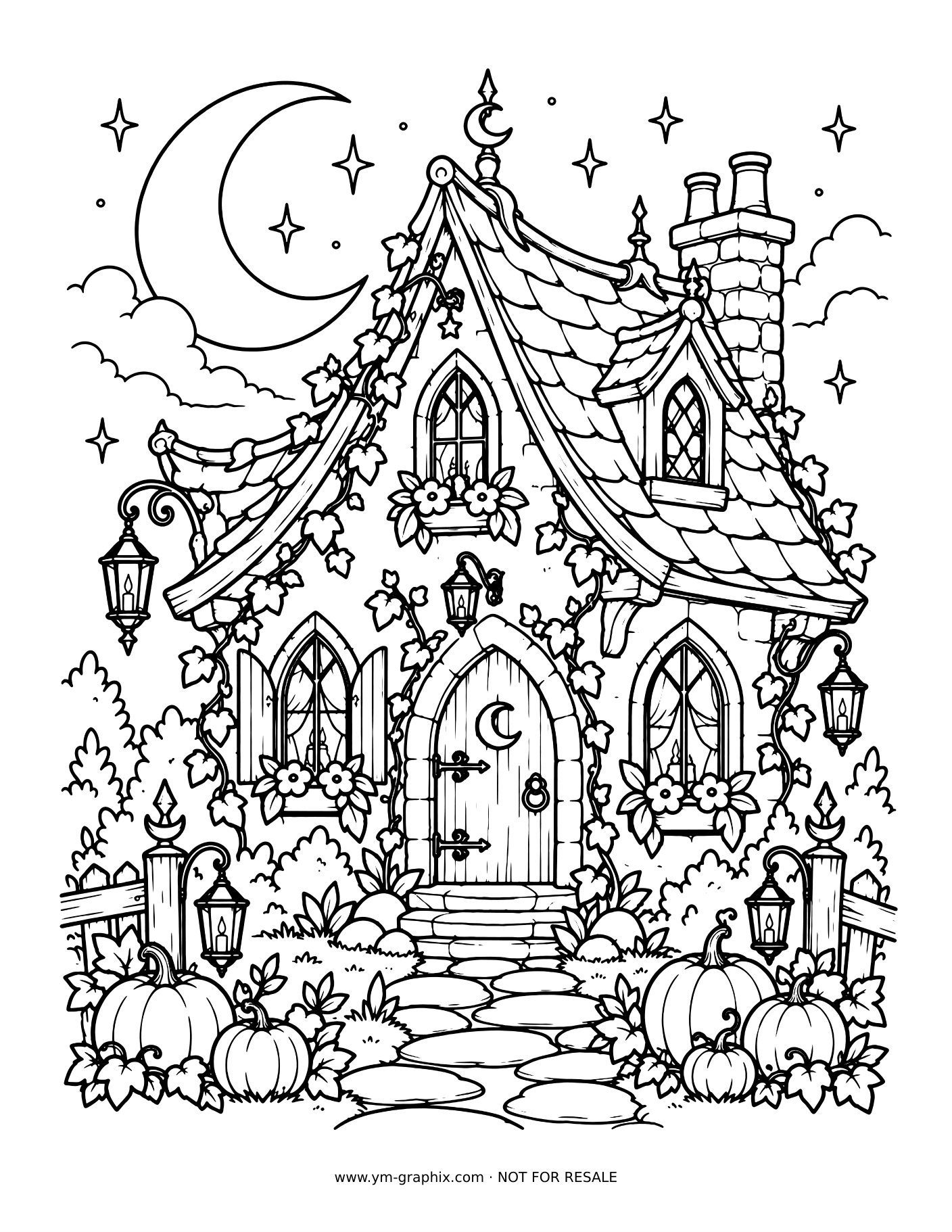 Moonlit gothic cottage with ivy, lanterns, pumpkins and pointed windows