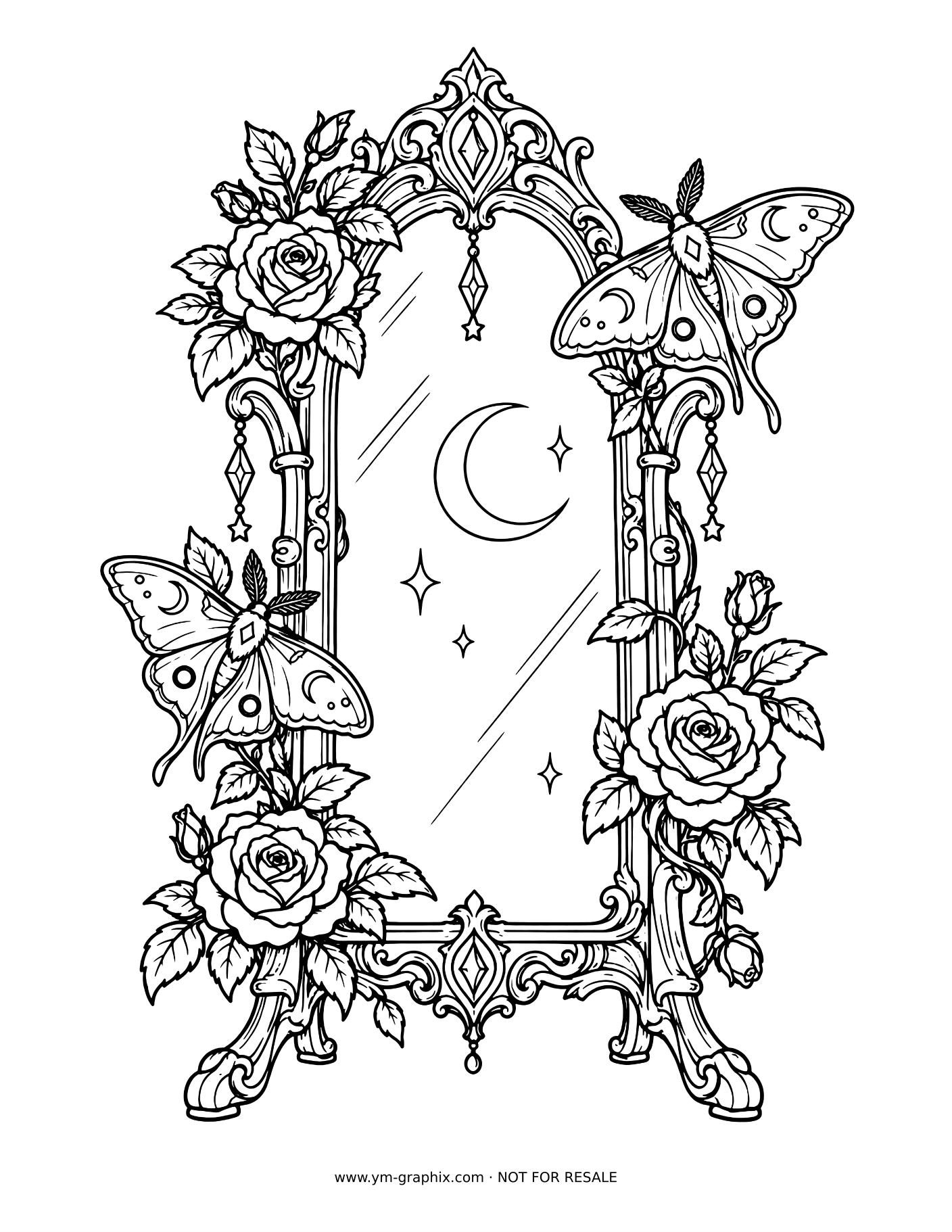 Ornate gothic mirror surrounded by roses, moths and hanging crystals
