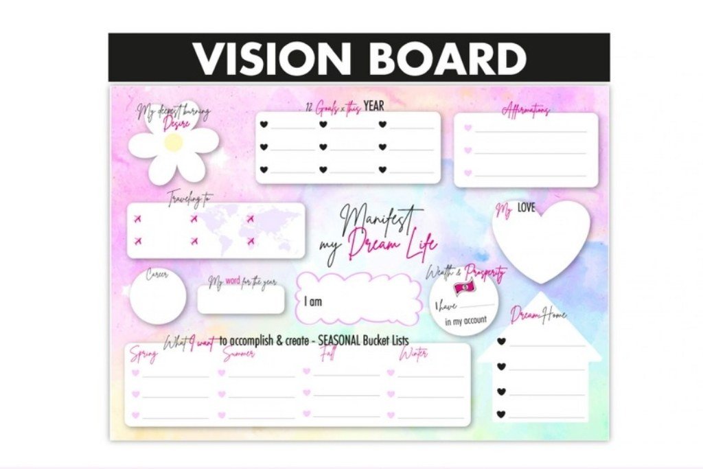 Pink and rainbow vision board printable layouts by BixiBina