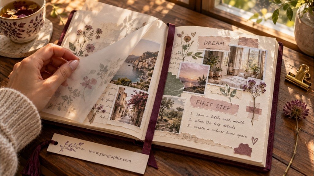 Open vision board journal with a travel and home collage, a first-step list and a plum ribbon bookmark in warm window light