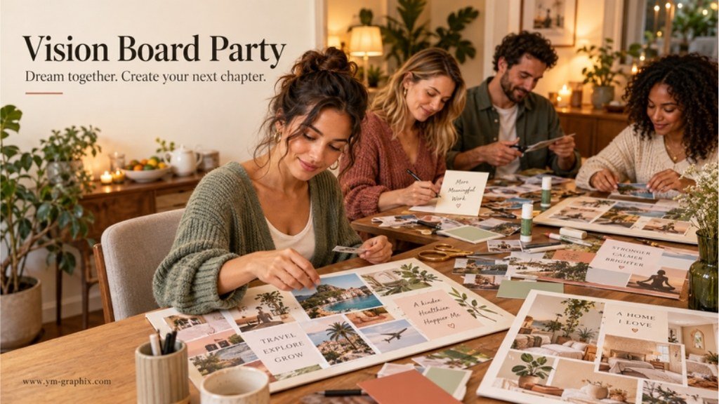Friends making vision boards together at a cozy evening craft table