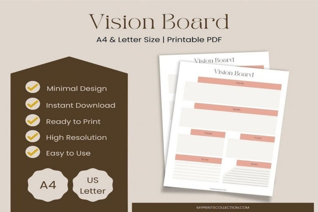 Minimalist A4 and US Letter vision board planner PDF preview