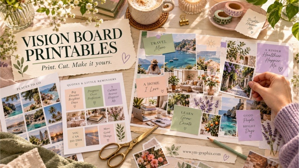 Printable picture sheets, quote cards and a handmade vision board on a sunlit creative desk