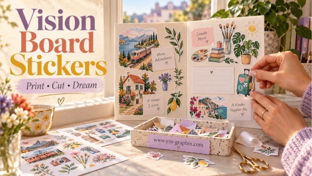 Vision board stickers on a sunny craft table, with travel, home and creative goal cutouts