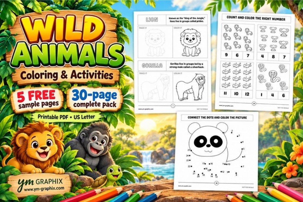Wild animals coloring pages and activities showing lion and gorilla tracing, animal counting and a panda dot-to-dot worksheet