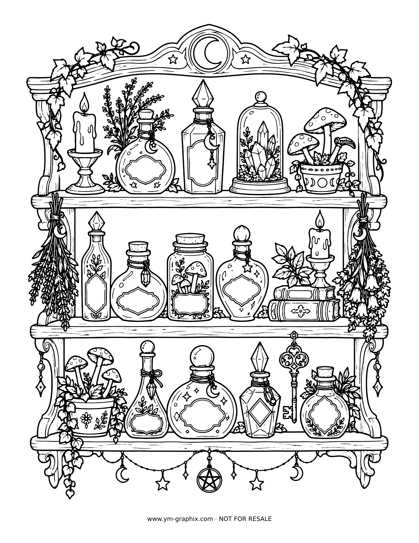 Witchy potion shelf with bottles, candles, crystals and hanging stars